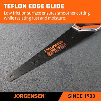 JORGENSEN 20 Inch Black Coated Pro Hand Saw, 11 TPI Fine-Cut Ergonomic Non-Slip Aluminum Ultrasonic