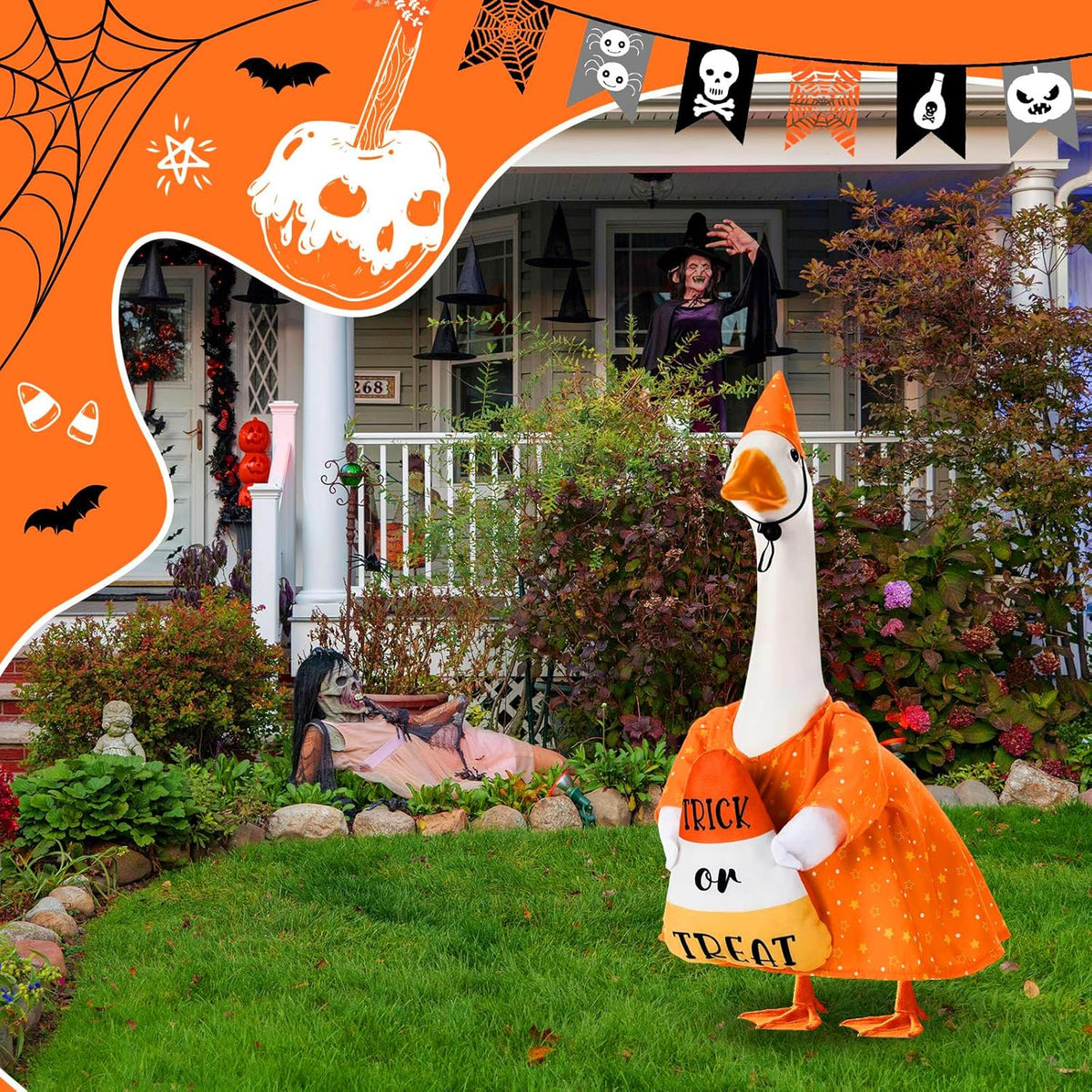 Sanwuta 1 Set Halloween Porch Goose Outfit Candy Corn Pillow Design with Hat for 23" Lawn Cement
