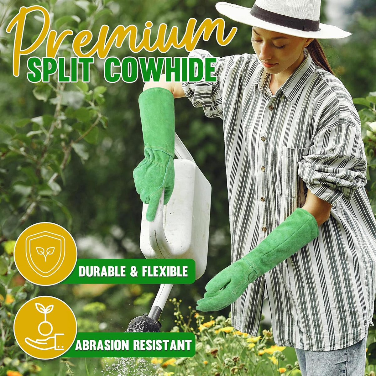 HANDLANDY Leather Gardening Gloves, Thorn Proof Long Gauntlet Heavy Duty Garden Gloves, Elbow