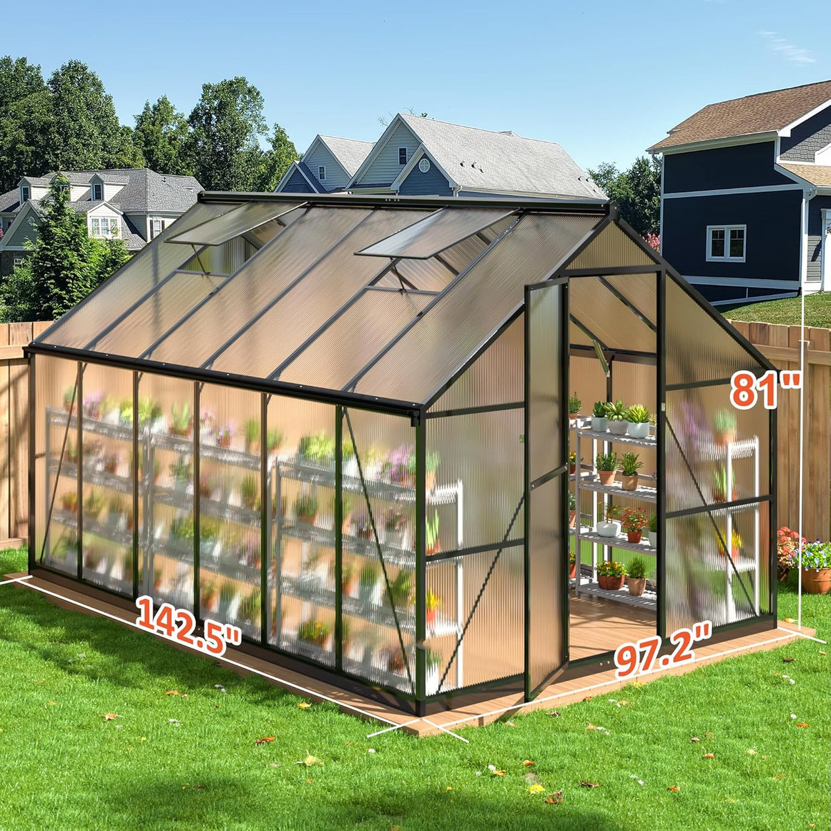8×12 FT Greenhouse for Outdoors, Quick Setup Polycarbonate Greenhouse with Roof Vent, Walk in Green