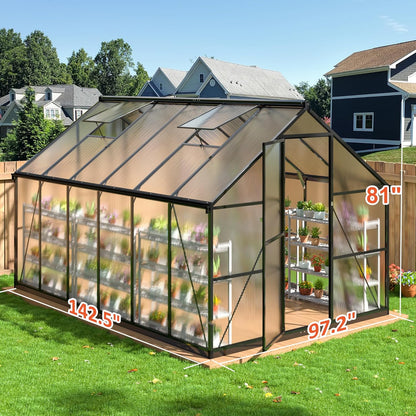 8×12 FT Greenhouse for Outdoors, Quick Setup Polycarbonate Greenhouse with Roof Vent, Walk in Green