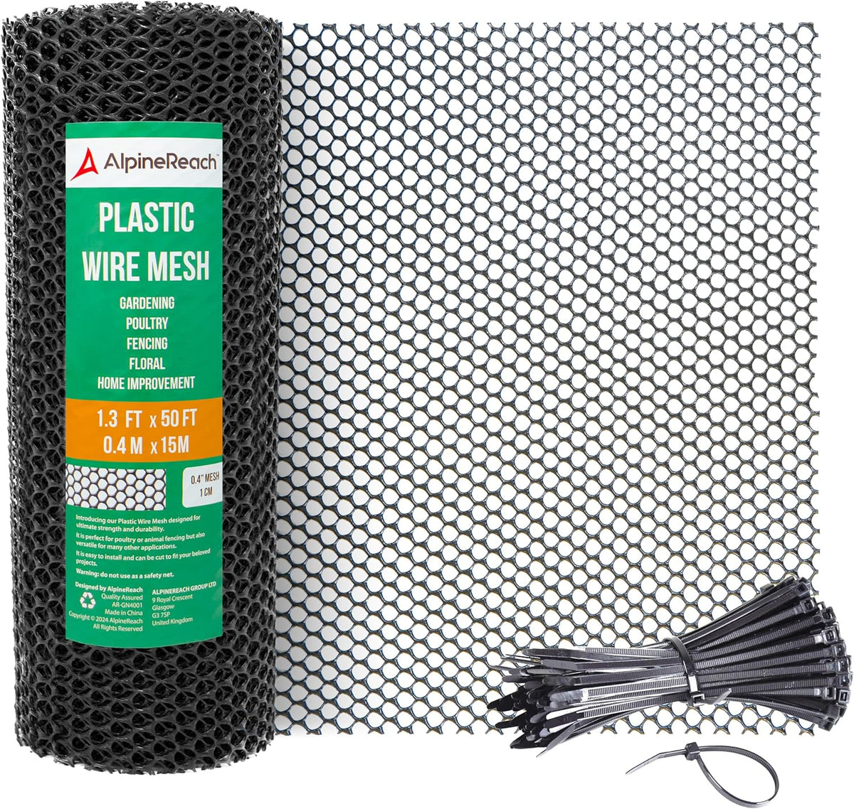 AlpineReach Plastic Wire Mesh 1.3ft x 50ft (15.7" x 600") Fence Roll with Zip Ties - Ideal for