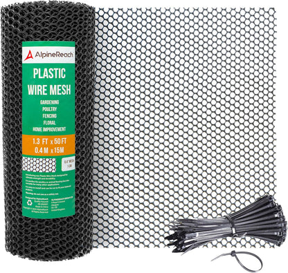 AlpineReach Plastic Wire Mesh 1.3ft x 50ft (15.7" x 600") Fence Roll with Zip Ties - Ideal for