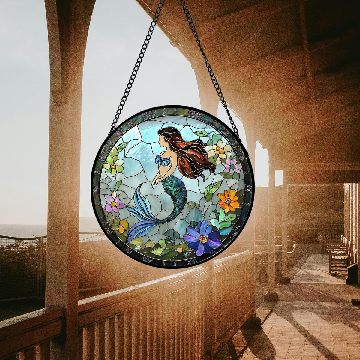 Stained Glass Window Hanging - Light Blue Mermaid Suncatcher for Door Terrace Garden Home Decor