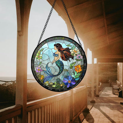 Stained Glass Window Hanging - Light Blue Mermaid Suncatcher for Door Terrace Garden Home Decor
