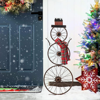 Glitzhome 33.98" H Metal Bike Wheel Snowman with Plaid Scarf Hat Porch Decor Metal Bicycle Garden