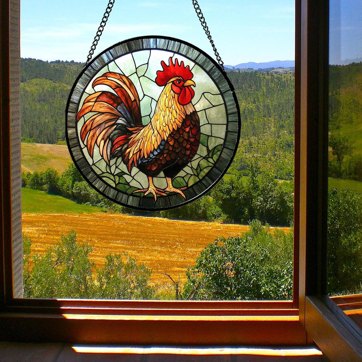 Stained Glass Window Hanging - Rooster Suncatcher for Doors Garden Patio Retro PColored Chicken Sun