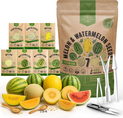 Organo Republic 7 Melon & Watermelon Seeds Variety Pack 480+ Non-GMO Heirloom Fruit Seeds for