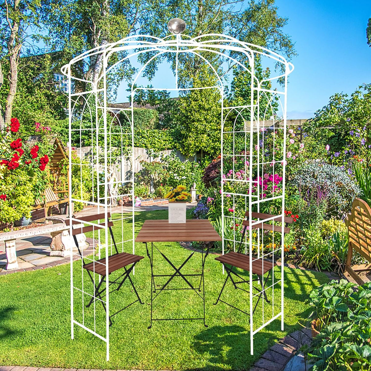 Metal Garden Trellis Arbor Arch Gazebo Birdcage Shape, Off White Pergola Pavilion fpr Climbing