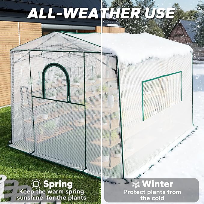 8.7'x 6.6'x 7' Small Walk-in Greenhouse for Outside & Indoor with 2 Roll-up Zipper Doors, 4