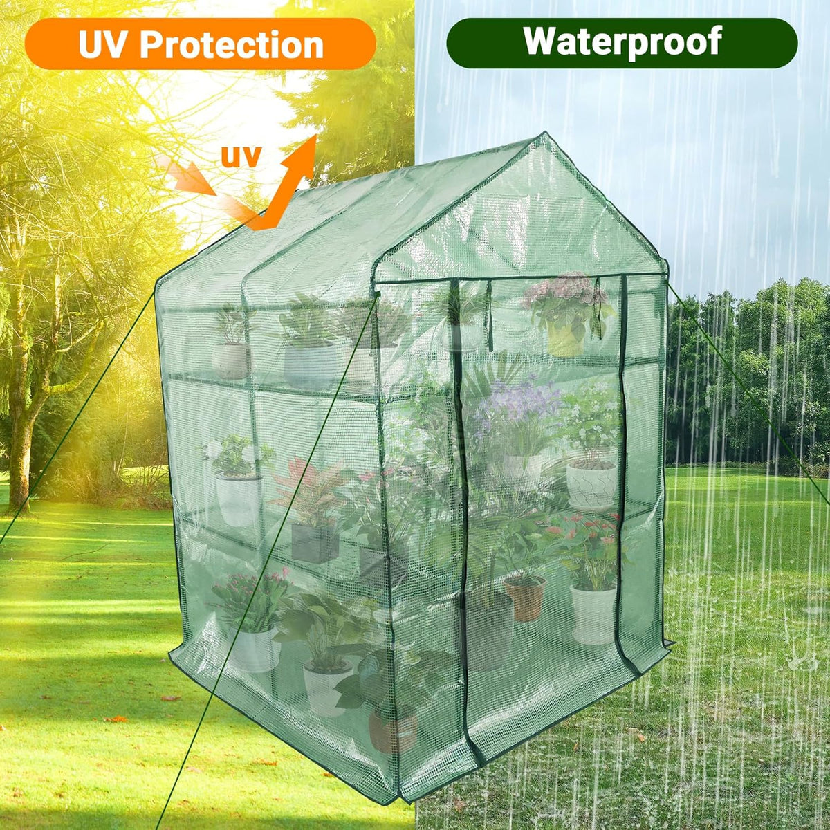 Greenhouse for Outdoors,Walk in 3-Tier 6 Shelves Green House w/ Roll-Up Zippered Door Anchors and