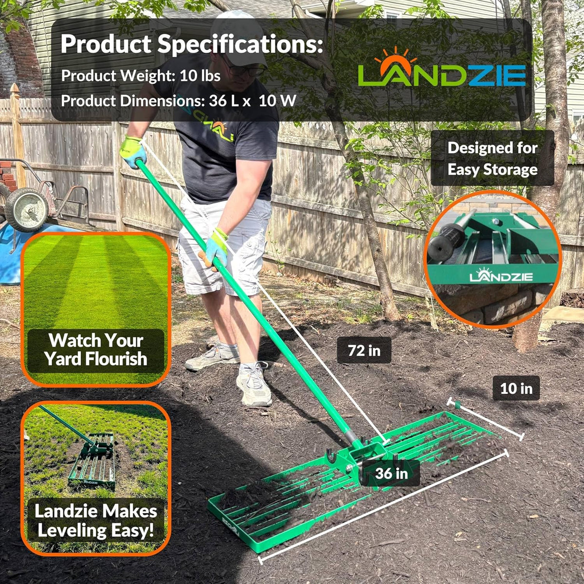 LANDZIE - The Original Lawn Leveling Rake – 36" Steel Handle Yard Leveler, Lawn Level Tool for