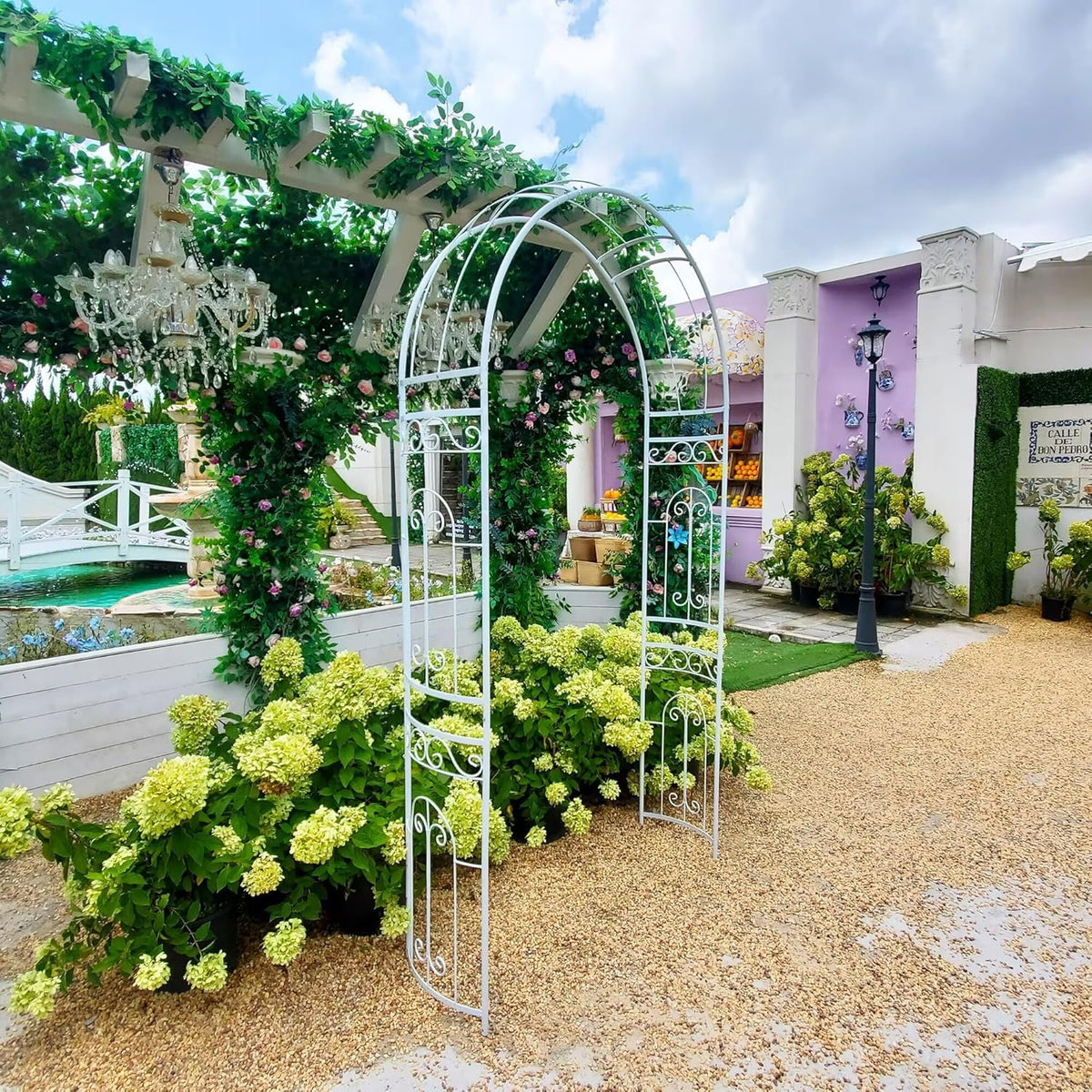 White Wedding Arch Garden Arbor Curved Metal Archway with Elegant Curve for Climbing Plants Roses
