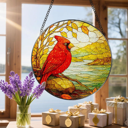 Stained Glass Window Hanging, 8 Inch Cardinal Stained Glass Suncatcher, Memorial Sun Catchers