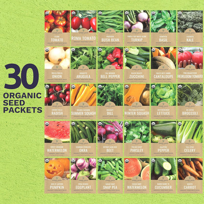 Organic Seeds Gardener Variety Pack - 30 Individual Packs - 2025 Season - Arugula, Basil, Winter