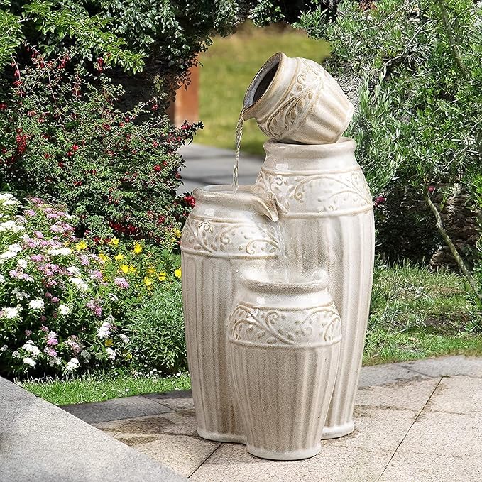 Glitzhome 27.25" H Outdoor Garden Water Fountain with LED Lights and Pump, 4 Tier Sand Beige