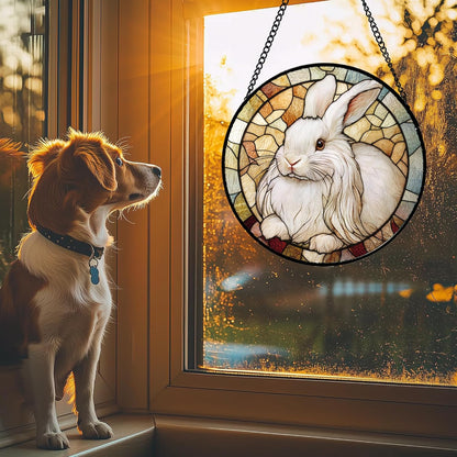 Stained Glass Window Hanging Cute White Angora Rabbit 6.3" - Bunny Suncatcher Door Garden Sunroom