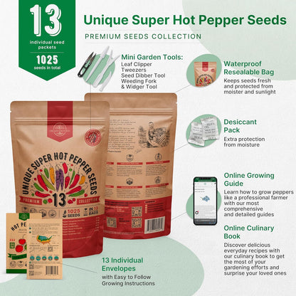 Organo Republic 13 Unique Super Hot Pepper Seeds Variety Pack - 1,020+ Non-GMO Heirloom Pepper