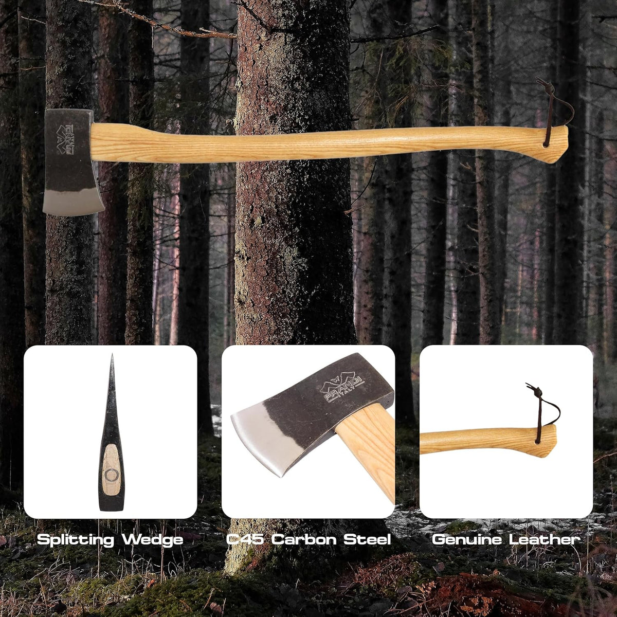 Prandi Axes Yankee C45 Forged Carbon Steel Hatchet - Hickory Handle with Leather String - Ideal for