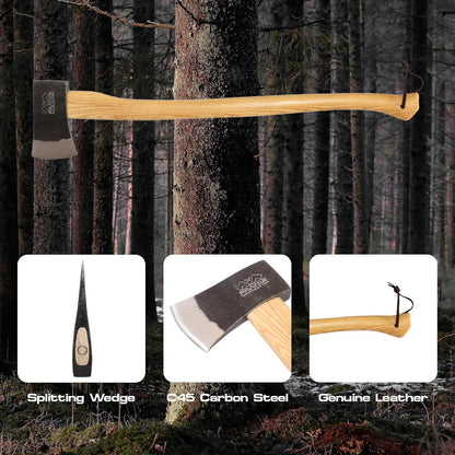Prandi Axes Yankee C45 Forged Carbon Steel Hatchet - Hickory Handle with Leather String - Ideal for