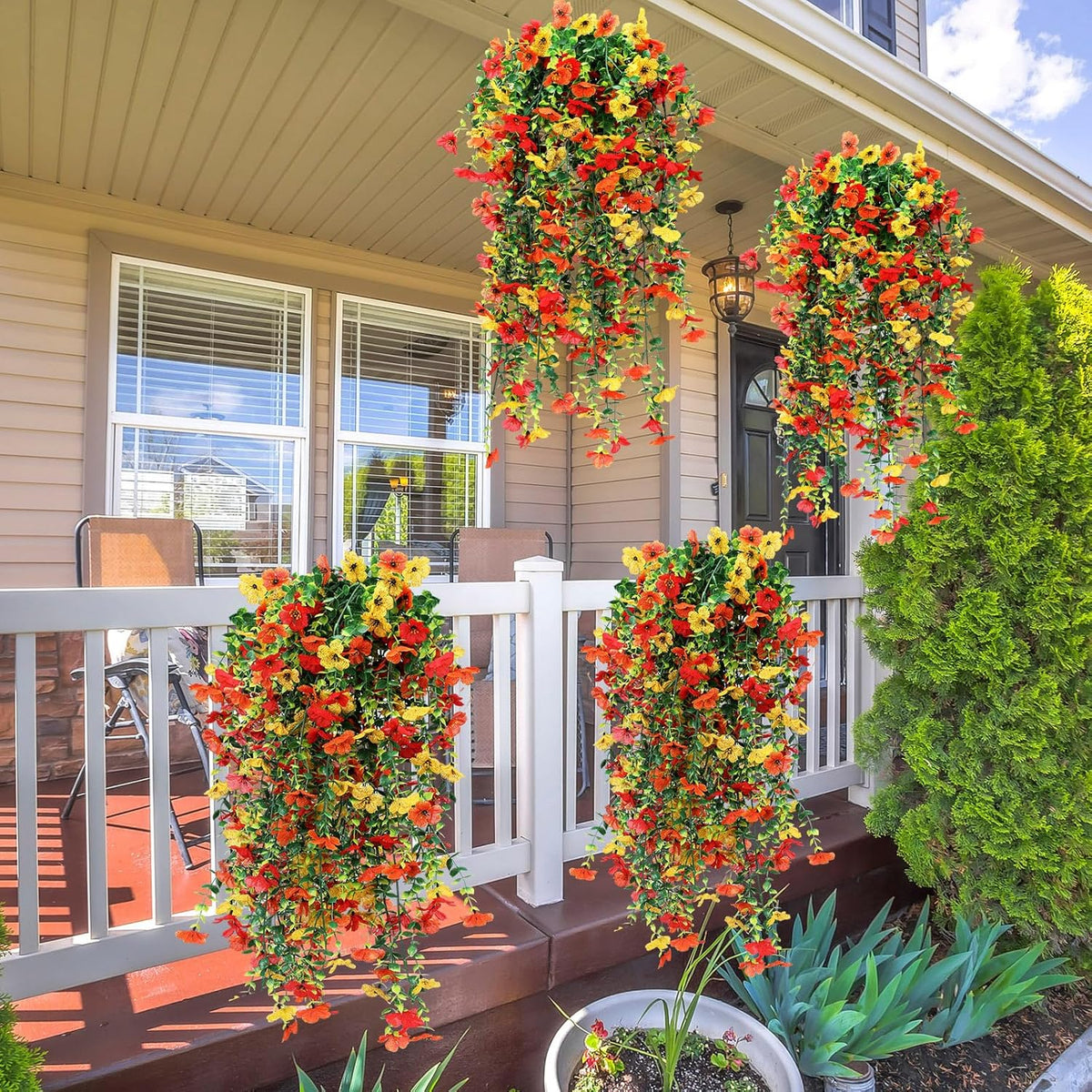 6 Pcs Artificial Fall Hanging Flowers Outdoor Silk Mum Plants Autumn Decor Faux Violet with