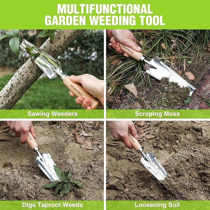 WORKPRO Garden Trowel with Wood Handle, Stainless Steel Narrow Hand Shovel, Multi- Use Flat Garden
