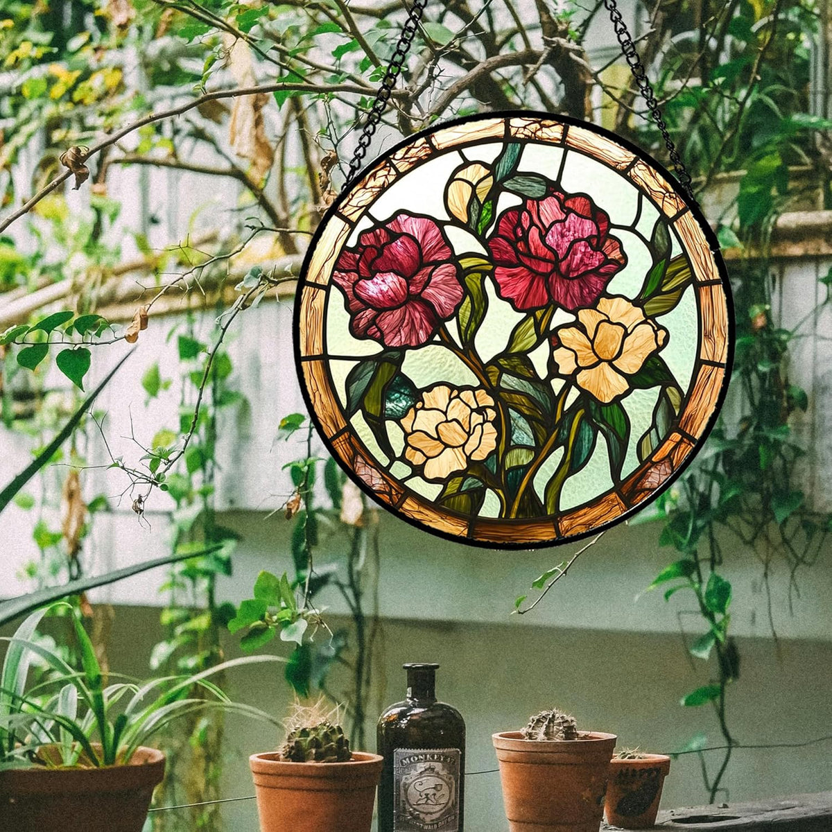 Stained Glass Window Hanging - Birth Flower Carnation Suncatcher for Doors Garden Yard Red Yellow