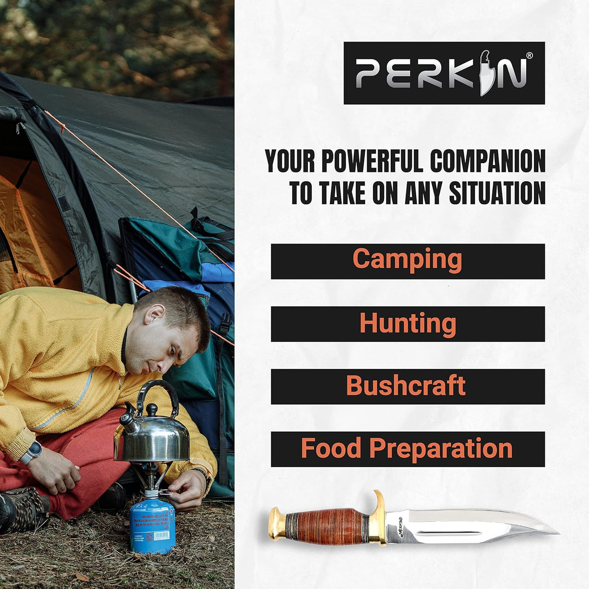 Hunting Knife with Sheath - 12.5" Fixed Blade Knife with Leather Handle & Sheath - 59-60 HRC Rated