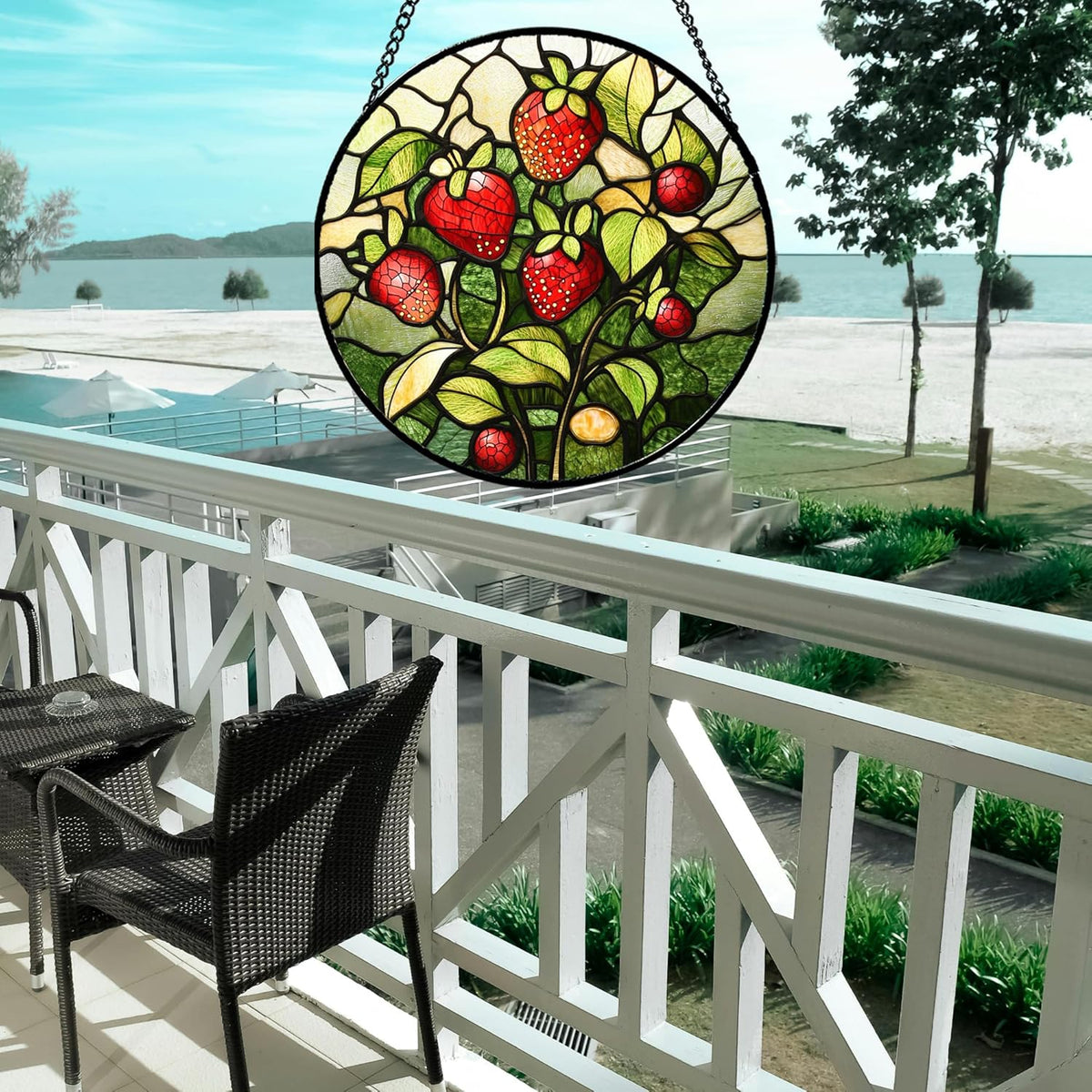 Stained Glass Window Hanging - Red Strawberry Suncatcher for Doors Window Home Green Plant Sun