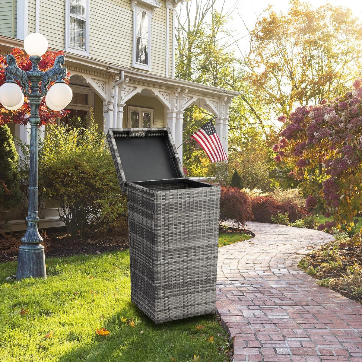 VINGLI Wicker Patio Trash Can, 27 Gallon Rattan Trash Can with Removable Lid, Outdoor Wicker Waste