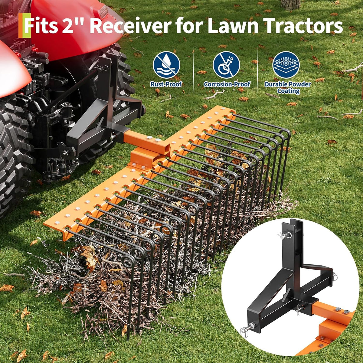 Tow Behind Landscape Rake, 60" Tow Dethatcher with 21 Steel Coil Tines, Lawn Dethatcher Rake