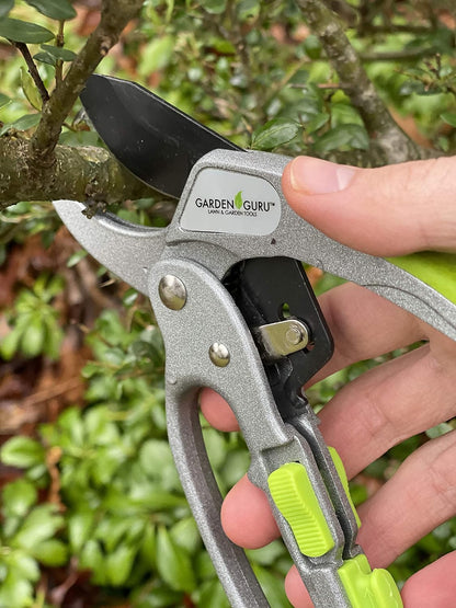 Garden Guru Ratchet Pruning Shears - Professional Garden Clippers with Ergonomic Grip and Brush