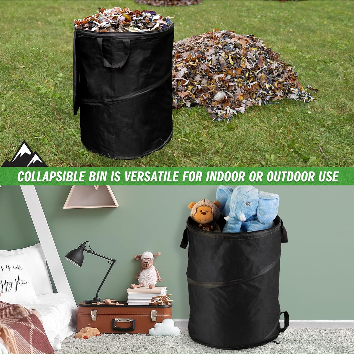 Wakeman Collapsible Trash Can - 46-Gallon Garbage Can Outdoor Bin with 3 Stakes for RV, Camping