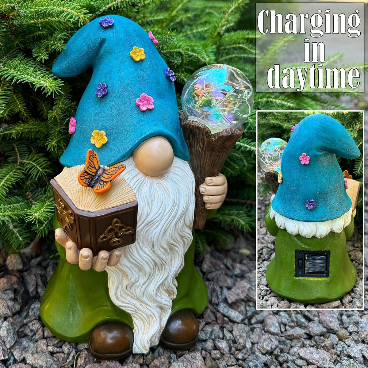 Garden Gnome - Solar Magician Gnome Figurine - 9.45 Inch Tall Decor Outdoor Lawn Statue with LED