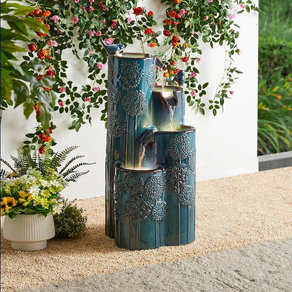Glitzhome 31.75" H Outdoor Water Fountain with LED Lights and Pump, 4 Tier Dandelion Texture Vase
