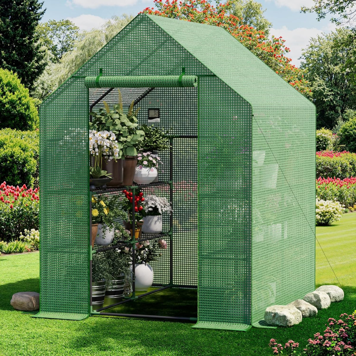 Greenhouse for Outdoors, Small Greenhouse, Walk-in Greenhouses with 3 Tiers 8 Shelves, PE Cover