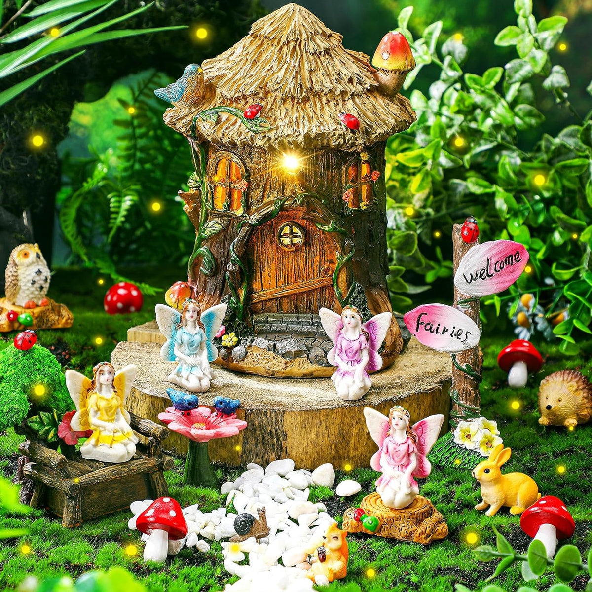 Leyndo 28 Pcs Solar House Garden Accessories Fairy Light up Fairy Figures Garden Kit Resin