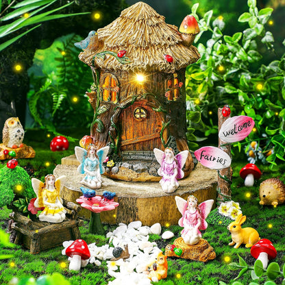Leyndo 28 Pcs Solar House Garden Accessories Fairy Light up Fairy Figures Garden Kit Resin