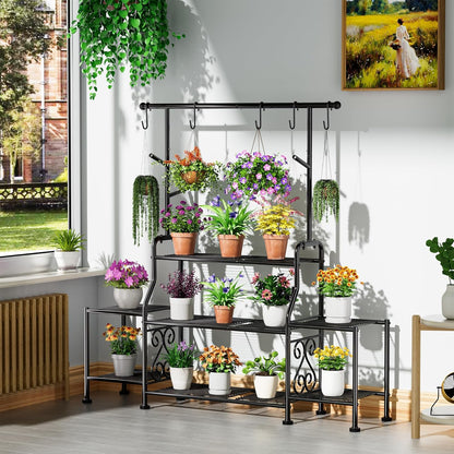 GIOTORENT 3-Tier Tall Metal Plant Stand Indoor Outdoor - Heavy Duty Plant Shelf for Garden, Patio