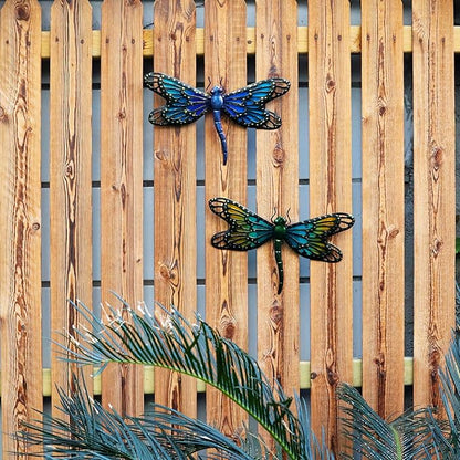 HONGLAND 2Pcs Metal Dragonfly Wall Decor Outdoor Dragonfly Wall Art Glass Sculpture for Home