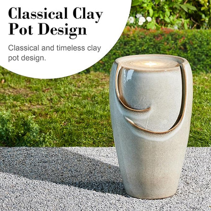 Glitzhome 21.25" H Ceramic Vase Outdoor Water Fountain Tall Patio Garden Water Fountain with LED