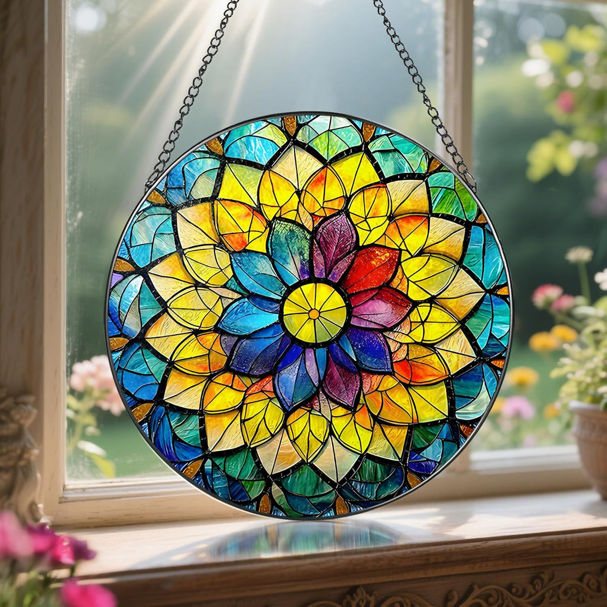 8'' Rainbow Mandala Sun Catcher Ornament, Stained Glass Window Hanging, Sun Catchers for Windows
