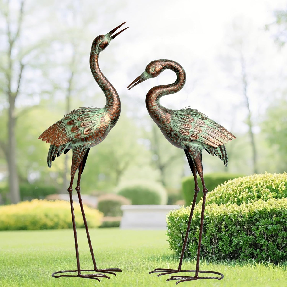 Shorayn Garden Crane Statues, Blue Heron Sculptures for Outdoor, Cranes Decor Metal Bird, Patina