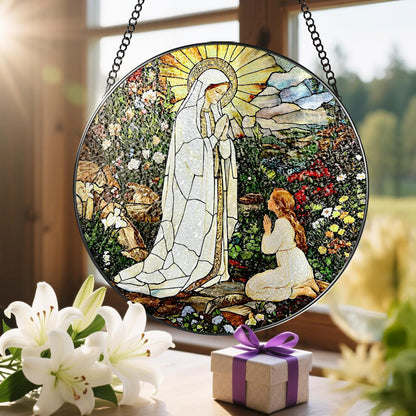 8 Inch Lady of Lourdes Stained Glass Suncatcher, Stained Glass Window Hanging, Virgin Mary