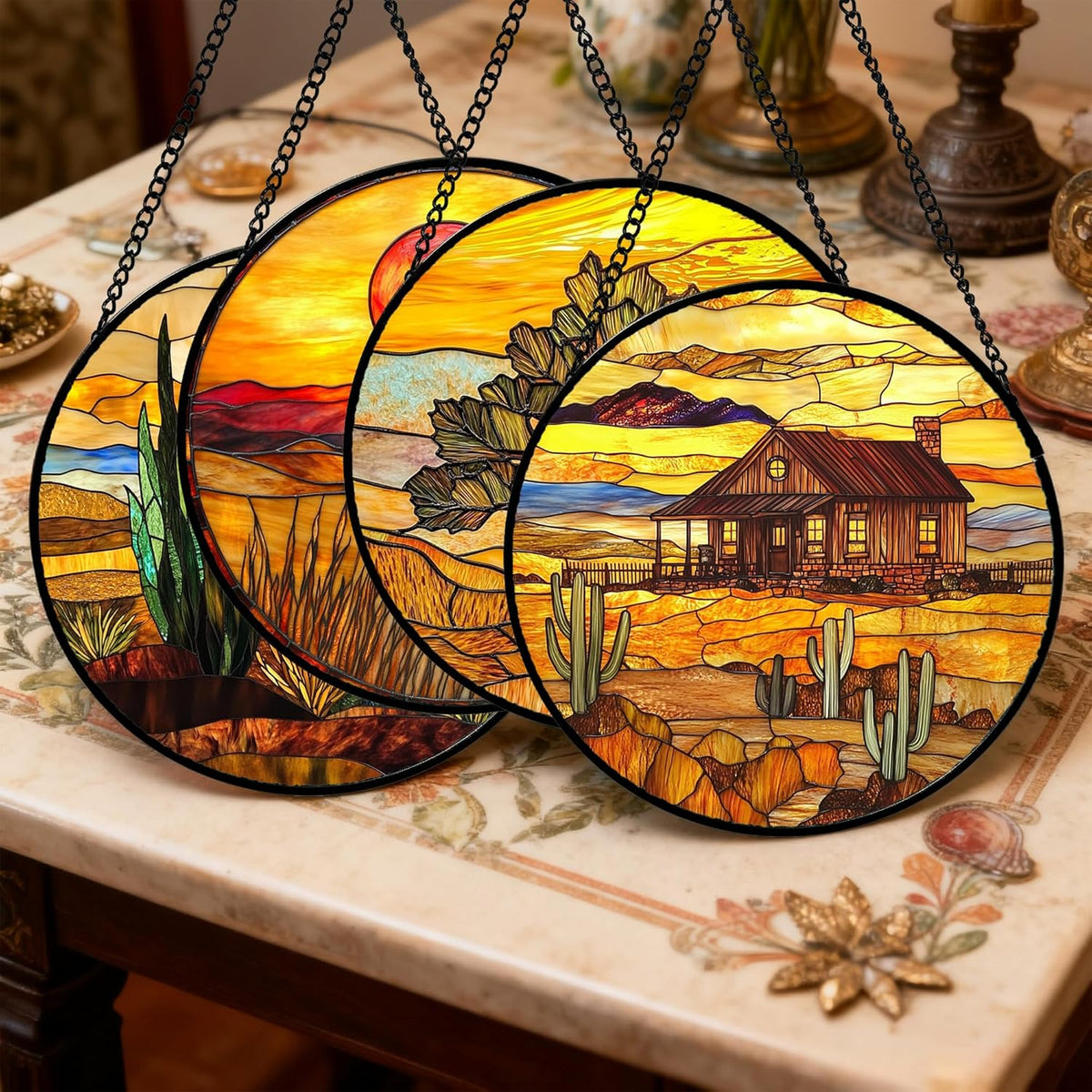 Stained Glass Window Hanging 4 Pcs Set Desert Sunset Theme Landscape 9.8" - Suncatcher Door Garden