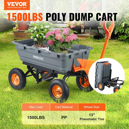 VEVOR 1500lbs Poly Garden Dump Cart Wheelbarrow Wagon with 2 in 1 Convertible Handle, Heavy Duty