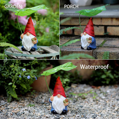 Garden Gnome Statue Decoration with Leaf Umbrella, 7.5” Figurine Ornament for Indoor Outdoor Home