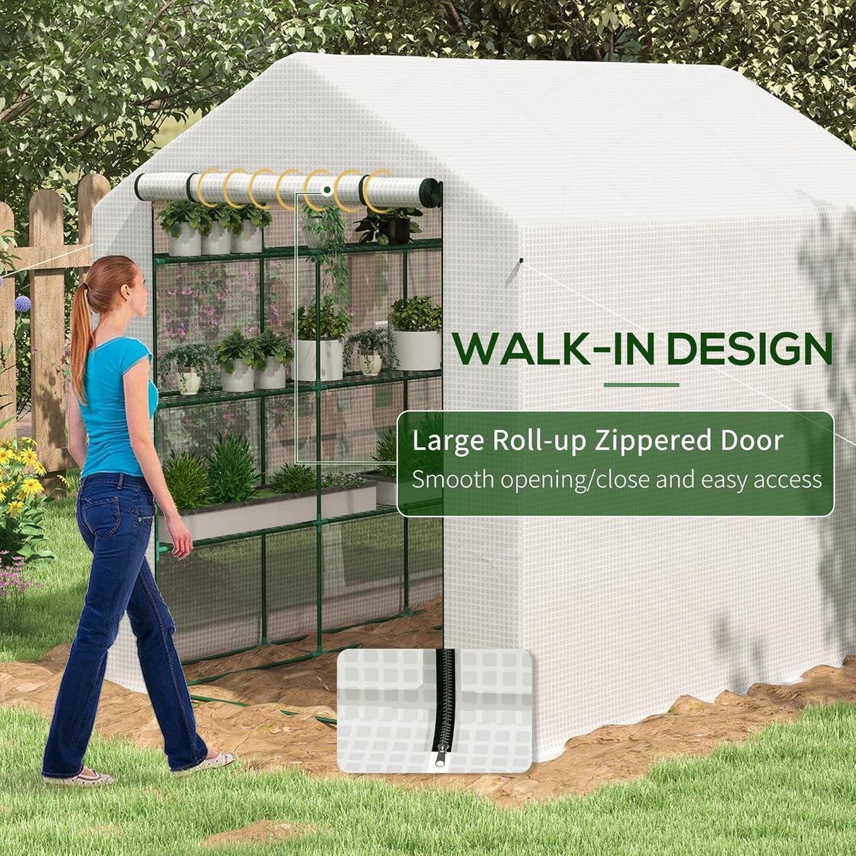 Outsunny 8' x 6' x 7' Walk-in Greenhouse, PE Cover, 4-Tier Shelves, Steel Frame Hot House, Roll-Up