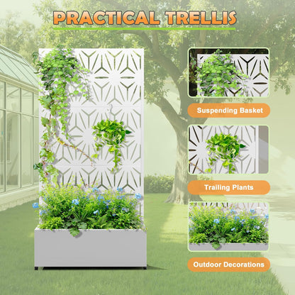Metal Raised Garden Bed with Trellis, 2-in-1 Planter Box & Privacy Screen for Climbing Plants