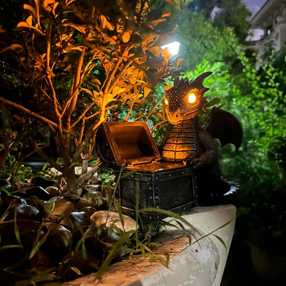 Garden Dragon Statue Solar Powered Outdoor Figurine Light Decor Cute and Hold Glowing Treasure